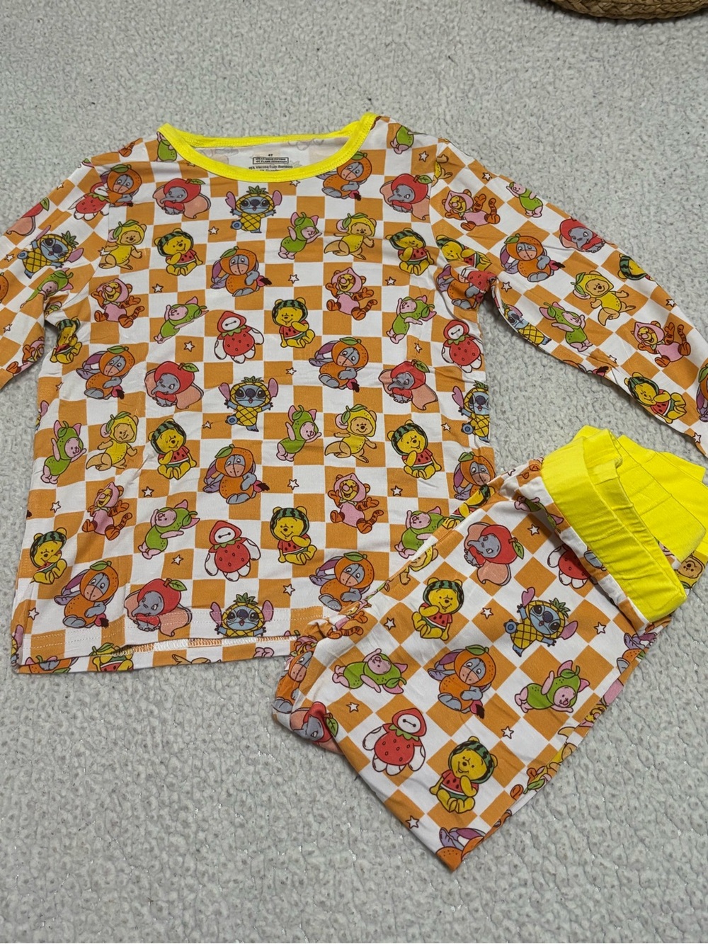 Bamboo Kids Orange Checkered Animal Print Pajama Set with Yellow Trim